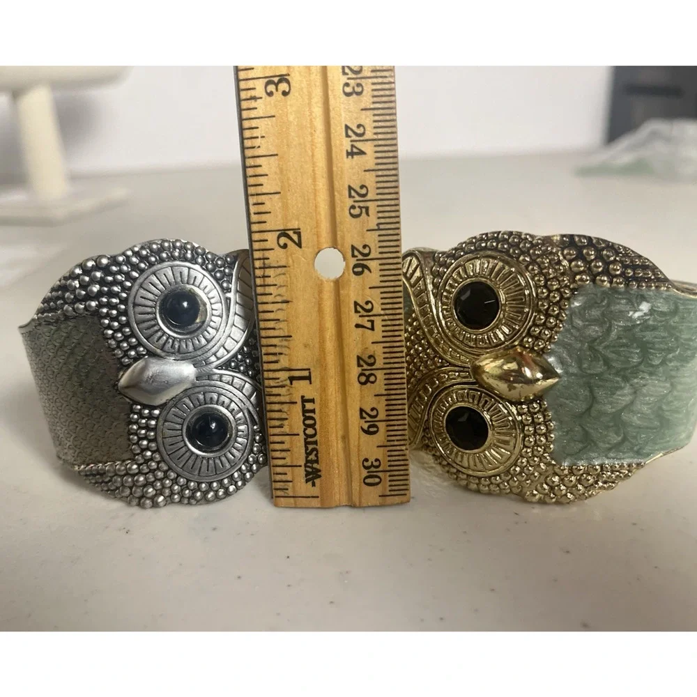 Owl Cuff Clamper Bracelet Lot Sea Green Enamel Silver Tone & Gold Tone Boho